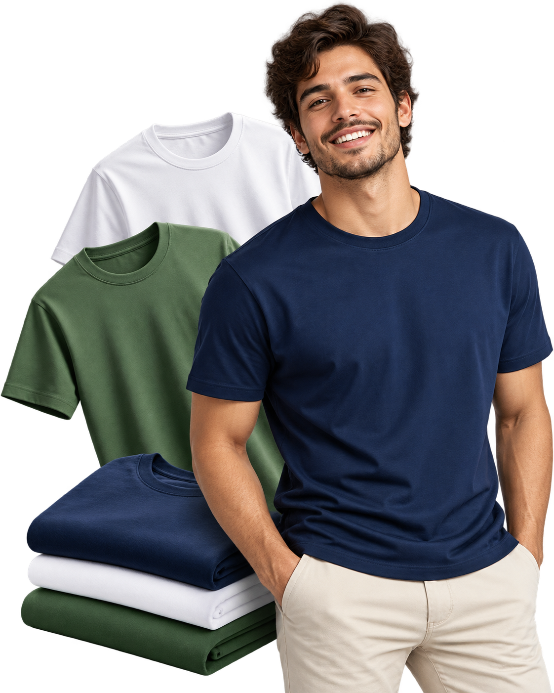 Modelo com camiseta azul, camisetas branca e verde e peças dobradas