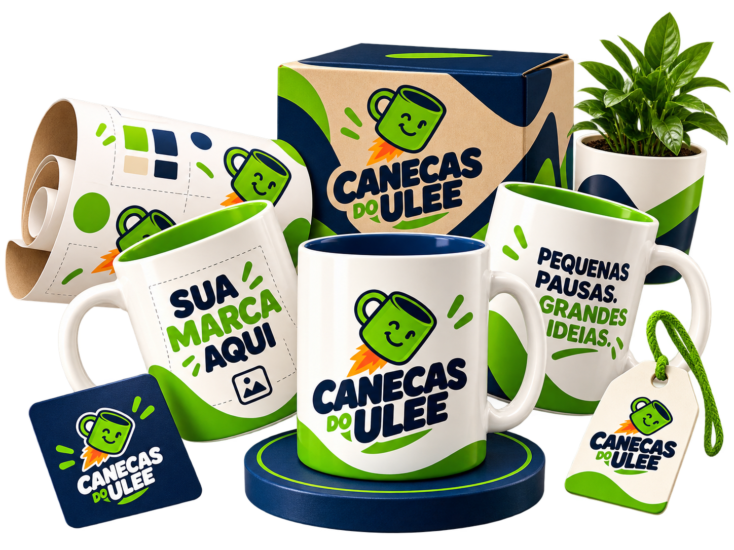 Canecas personalizadas com rolo de arte, embalagem e elementos da identidade Canecas do Ulee