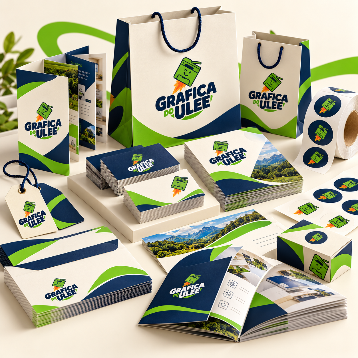 Materiais gráficos personalizados da Ulee: sacolas, folders, cartões, etiquetas e adesivos