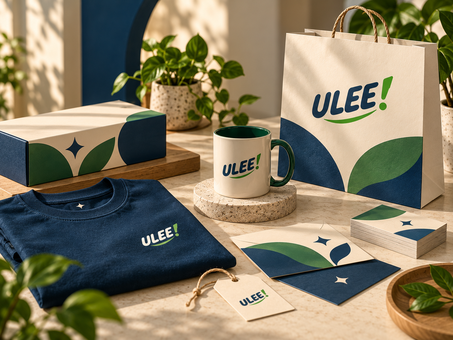 Identidade Ulee aplicada em camiseta, caneca, sacola, embalagens e impressos em um ambiente acolhedor